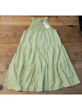 BTFBM Women S Mini Dress Green Sleeveless Tiered Ruffle Crochet Mesh Boho NWT
